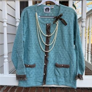 Vintage Storybook Knits Button Up Cardigan Sweater Size Large Pearl Necklace